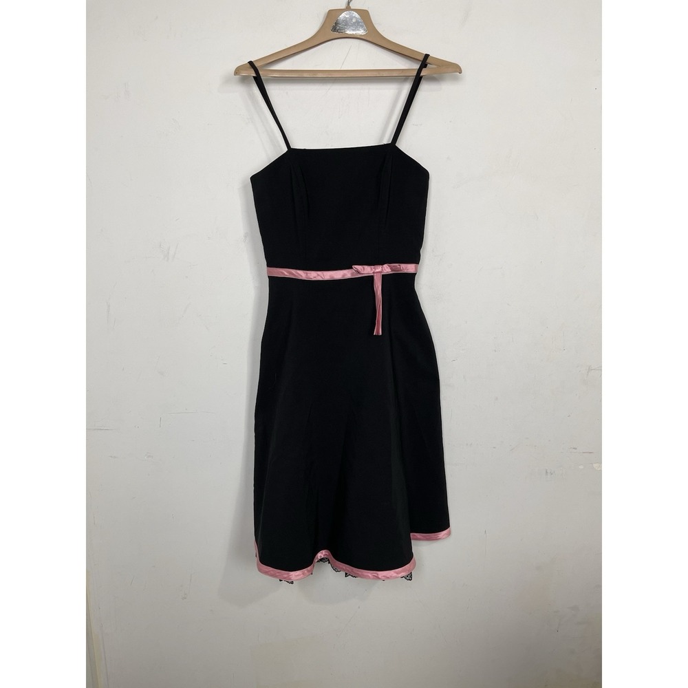 Byer Too! Vintage Black Pink Ribbon Lace Trim Fit Flare Dress Size 7 Made in USA